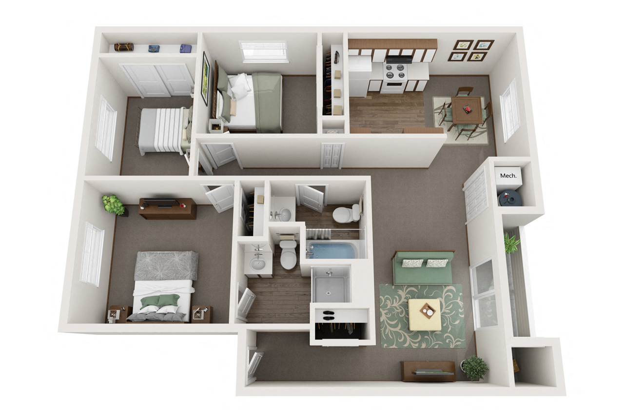 Floor plan for 3 beds, 2 baths, 1117 sqft